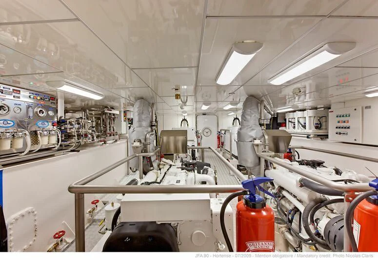 a room with machinery and pipes aboard HORTENSE Yacht for Sale