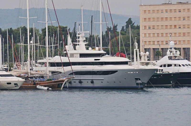 a group of boats in a harbor aboard CONSTANCE Yacht for Sale