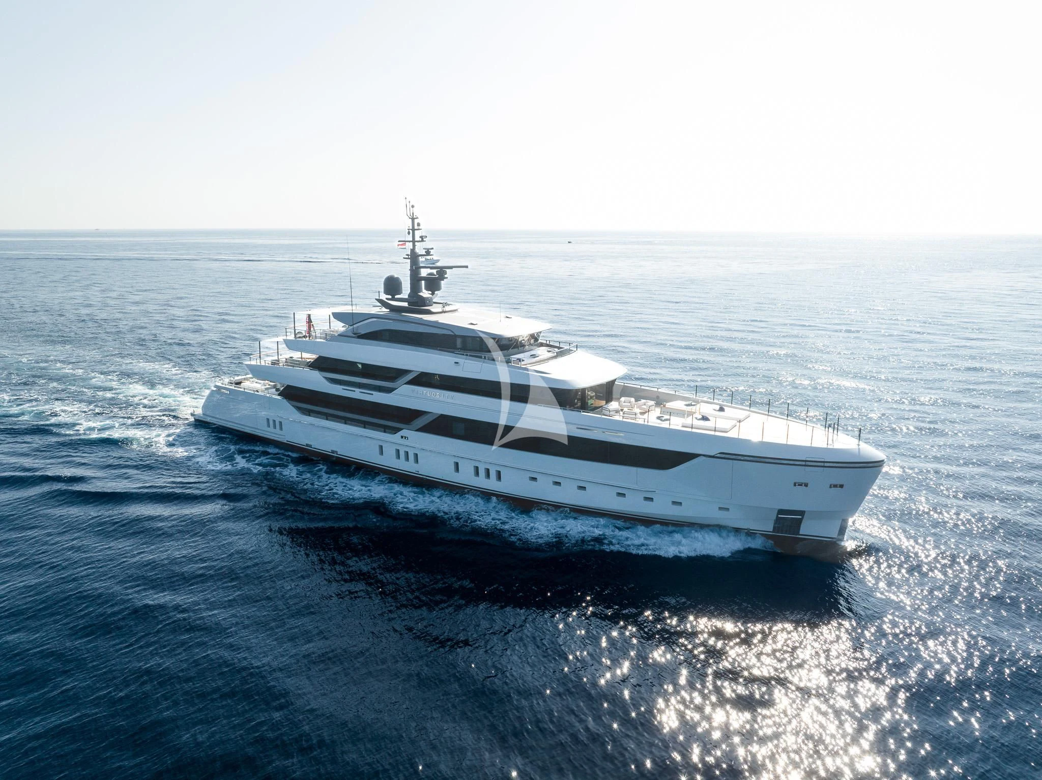 a white yacht in the water aboard VIRTUOSITY Yacht for Sale