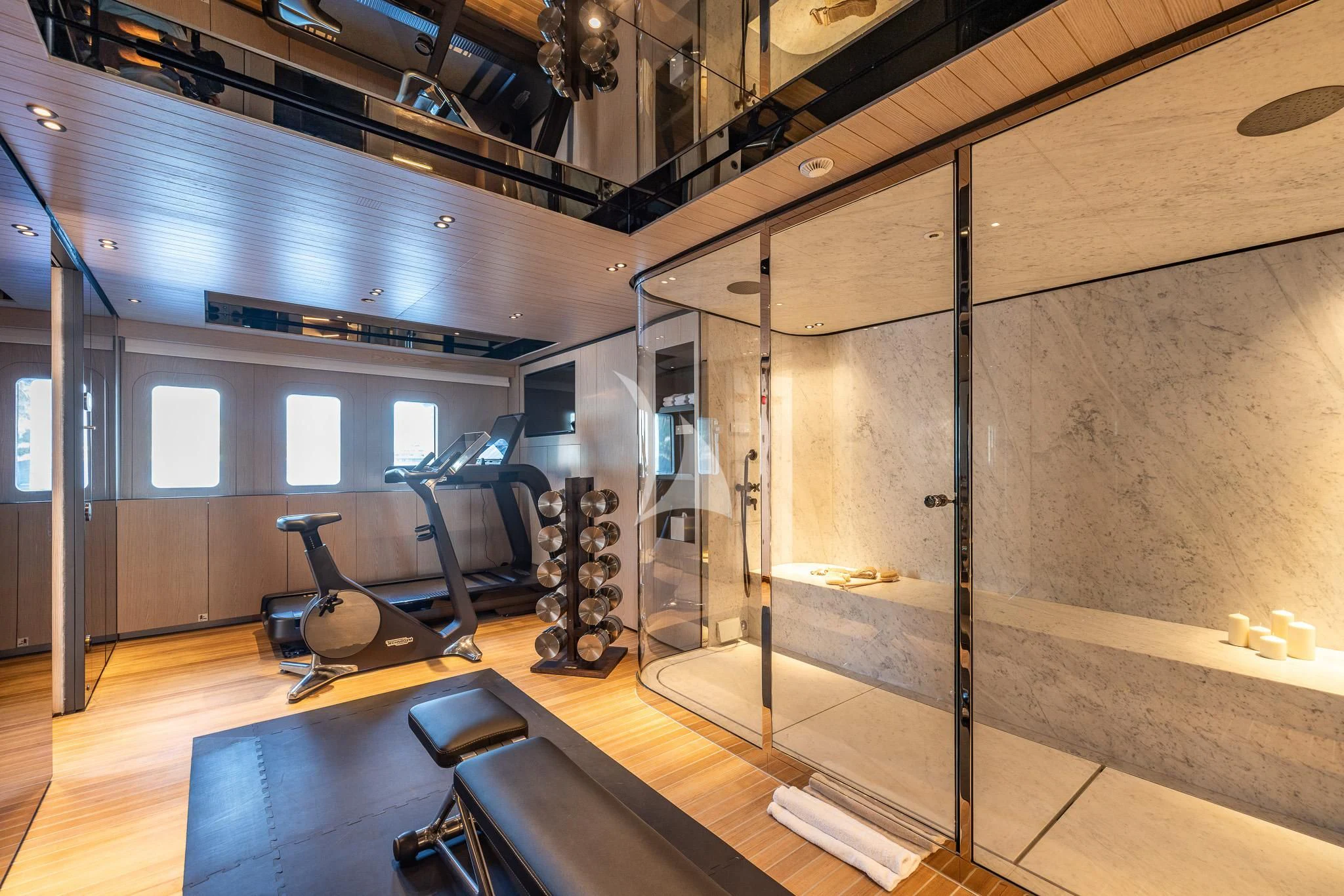a room with a large mirror aboard VIRTUOSITY Yacht for Sale