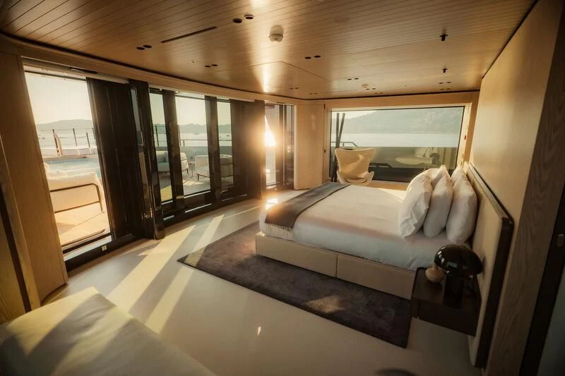 a bed in a room aboard VIRTUOSITY Yacht for Sale