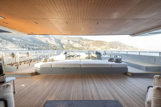 a boat on a deck aboard VIRTUOSITY Yacht for Sale