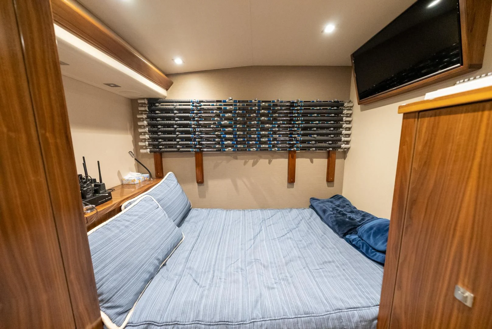 a bed in a room aboard SIR' REEL Yacht for Sale