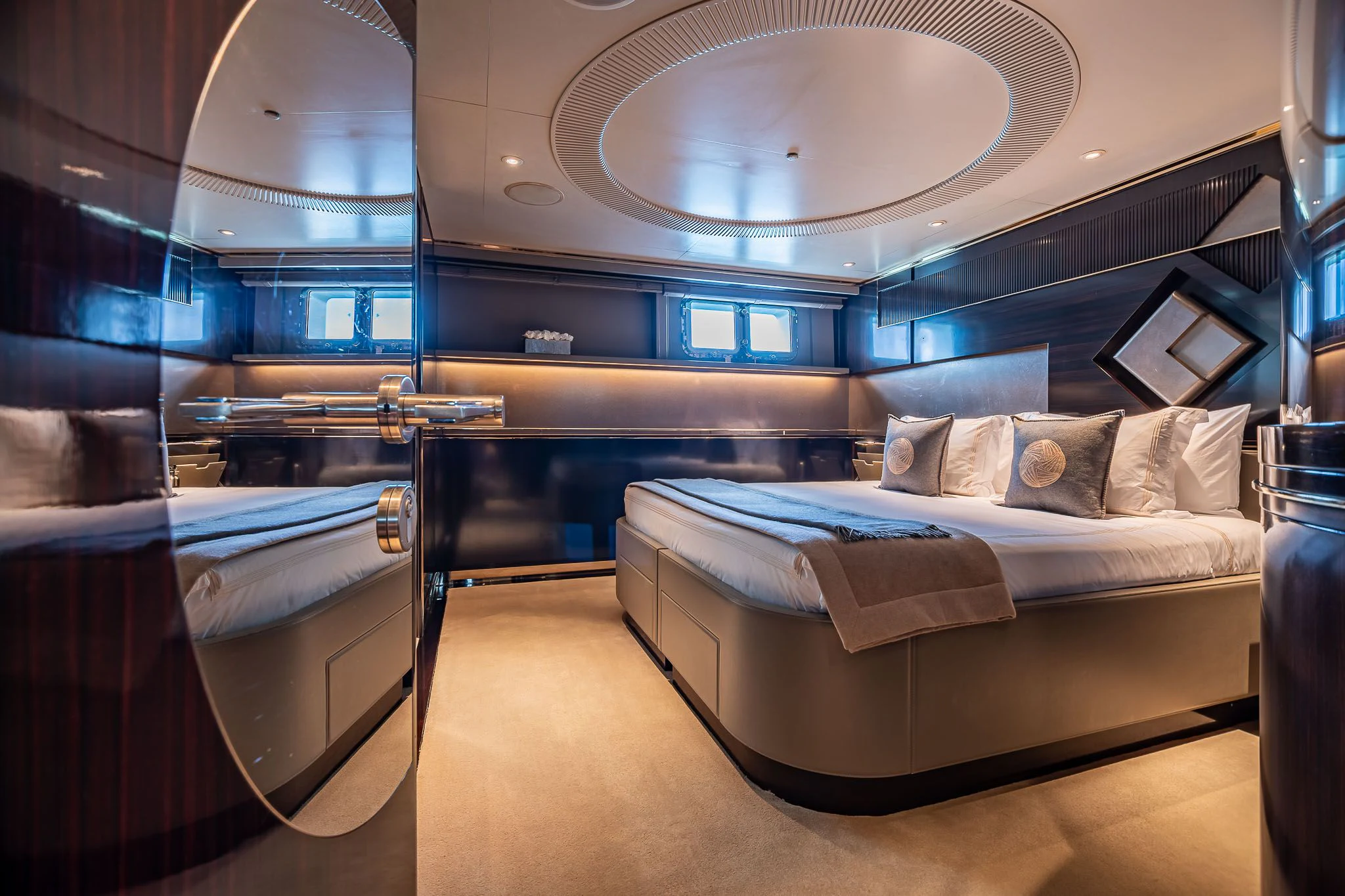 a bed in a room aboard SEALION Yacht for Sale