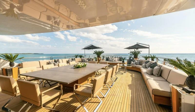 a large patio with a table and chairs and a large body of water aboard SEALION Yacht for Sale