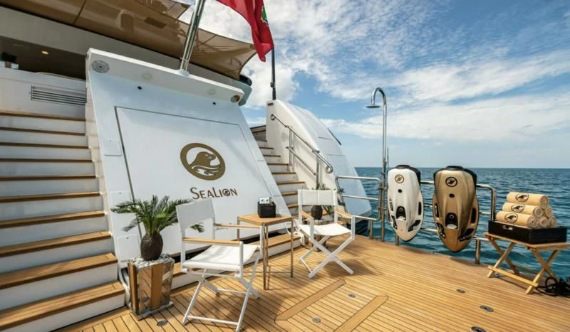 a boat on a deck aboard SEALION Yacht for Sale