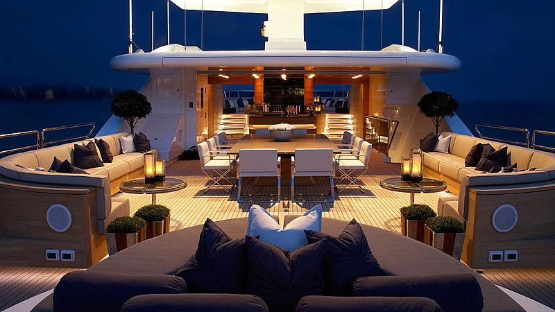 a living room with a large patio aboard SEALION Yacht for Sale