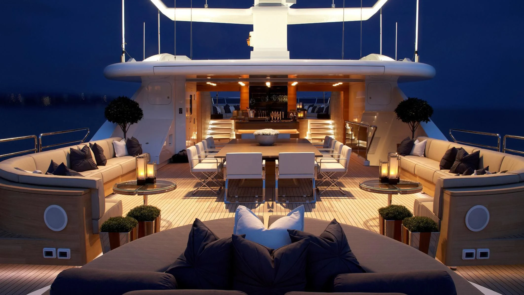 a living room with a large patio aboard SEALION Yacht for Sale