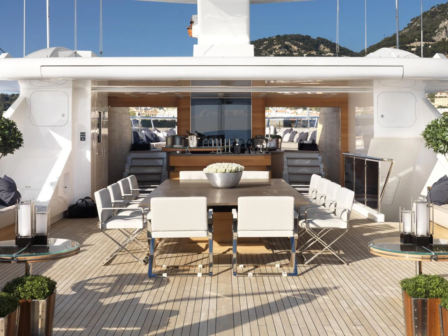 a modern looking kitchen with a large open floor plan aboard SEALION Yacht for Sale