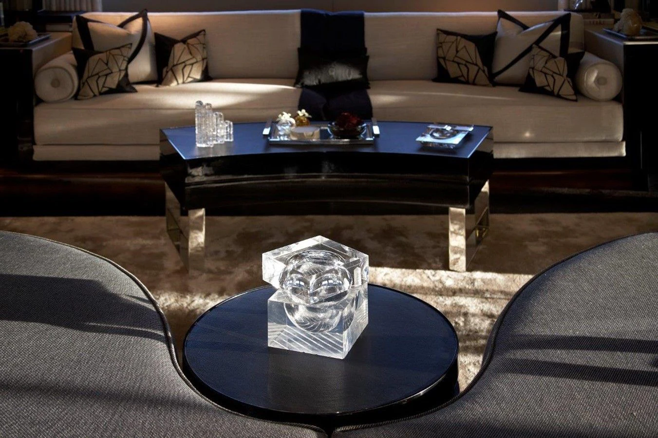 a coffee table in a living room aboard SEALION Yacht for Sale