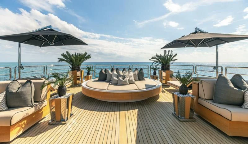 a deck with chairs and umbrellas aboard SEALION Yacht for Sale