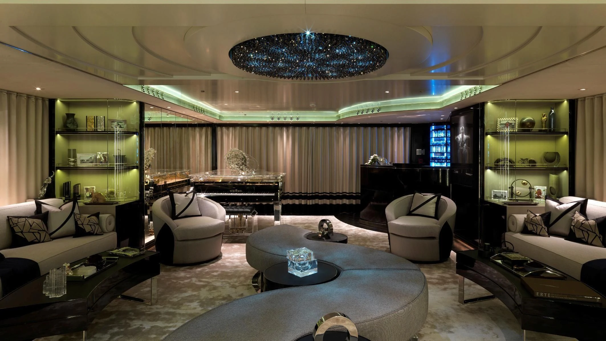 a living room with a piano and a piano aboard SEALION Yacht for Sale