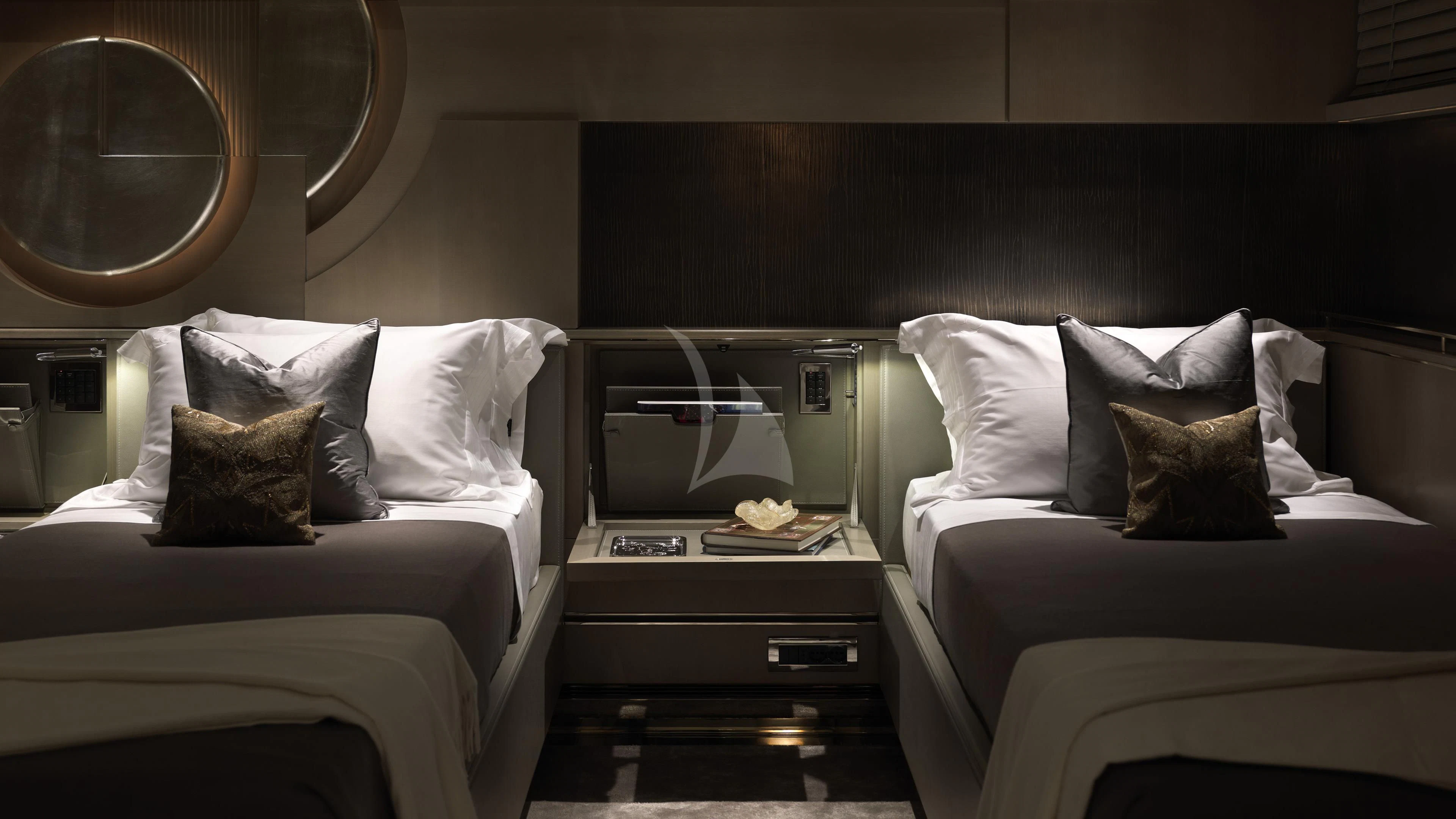 a room with two beds aboard SEALION Yacht for Sale