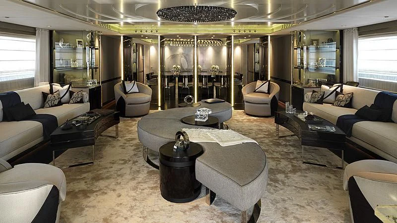 a large living room with a large mirror aboard SEALION Yacht for Sale