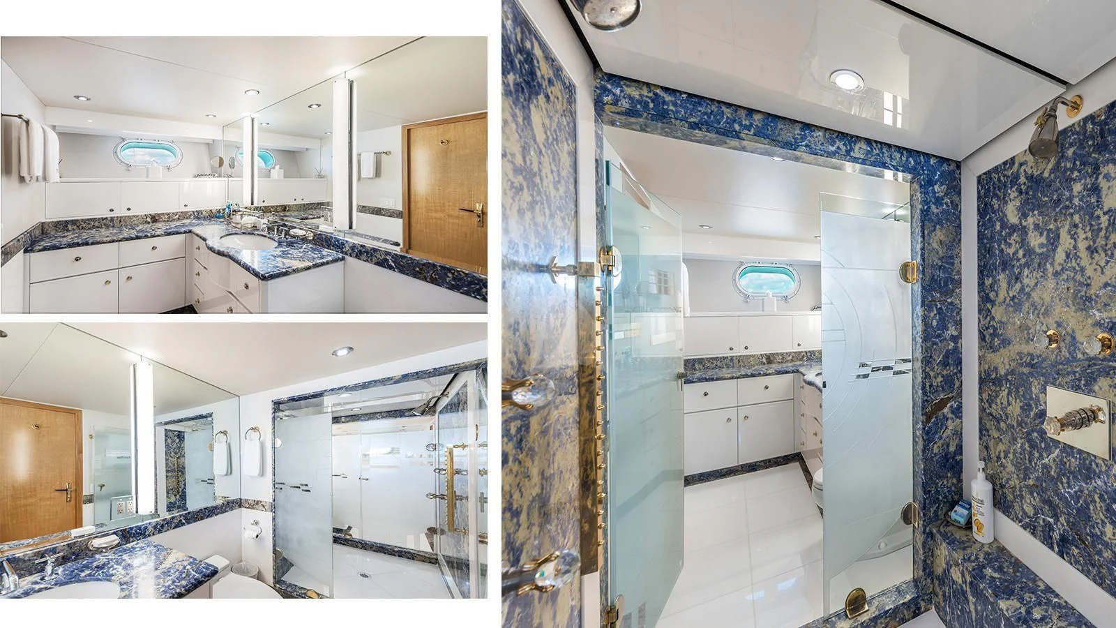 a bathroom with a shower and sinks aboard SURINA Yacht for Sale