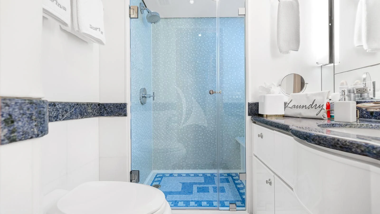 a bathroom with a shower and sink aboard SURINA Yacht for Sale