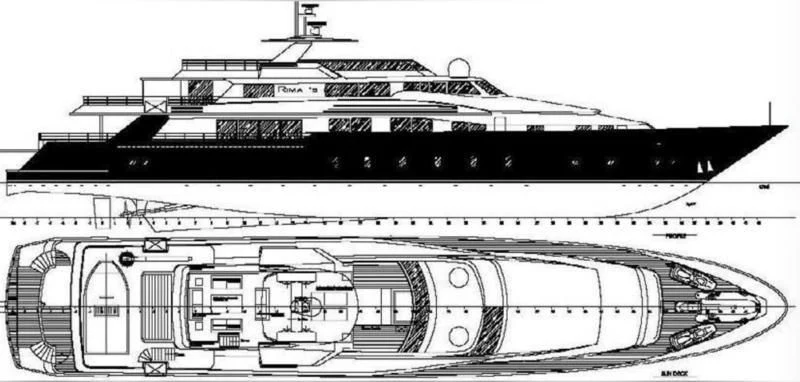 a black and white drawing of a building aboard EGO Yacht for Sale
