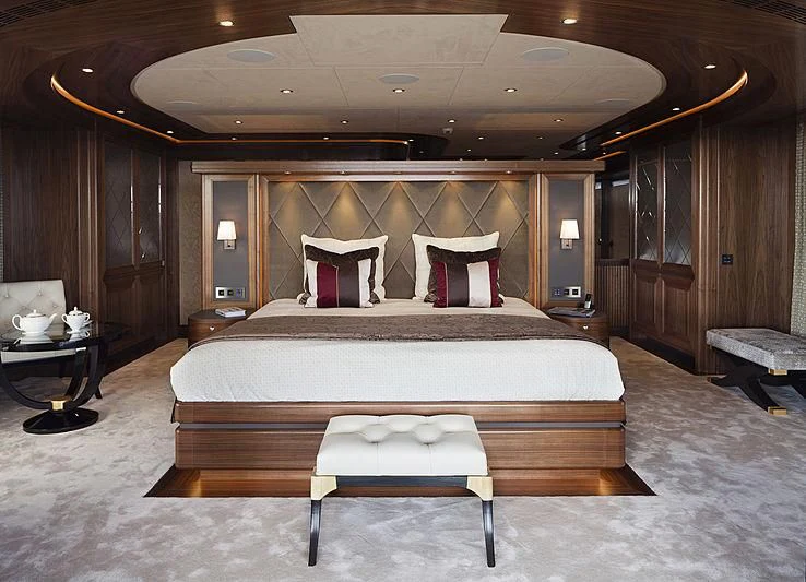 a bed in a room aboard ARES Yacht for Sale