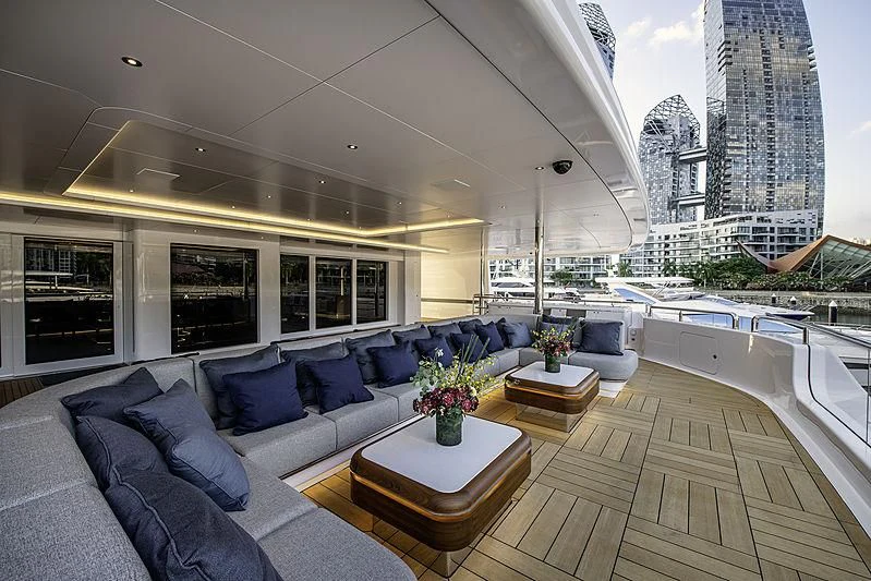 a large living room with a large window aboard WHITE RABBIT Yacht for Sale