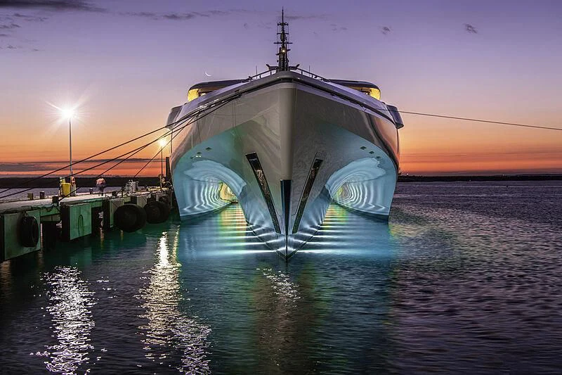 a large white submarine with a large antenna on top of it aboard WHITE RABBIT Yacht for Sale