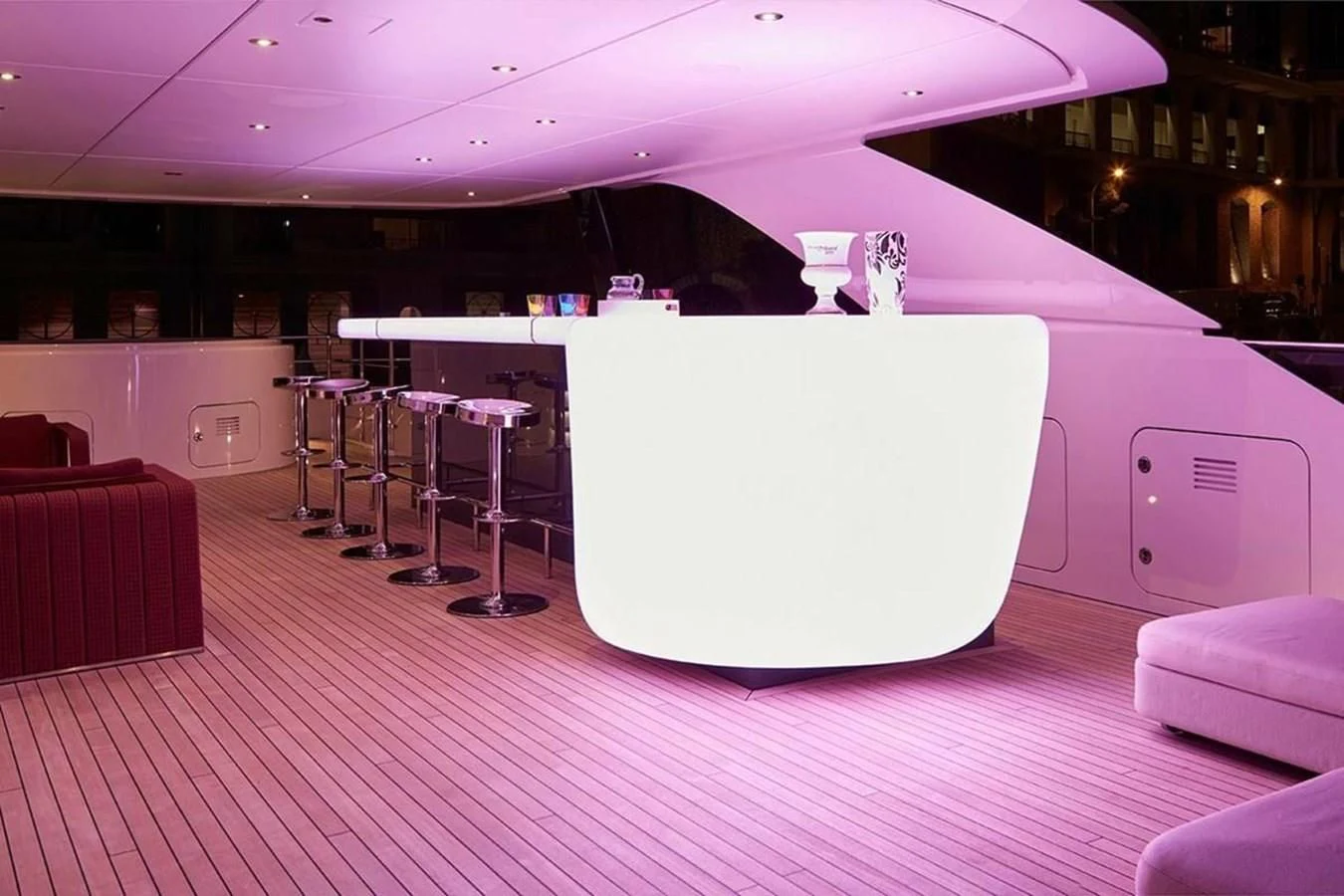 a large white object on a stage aboard HOME Yacht for Charter