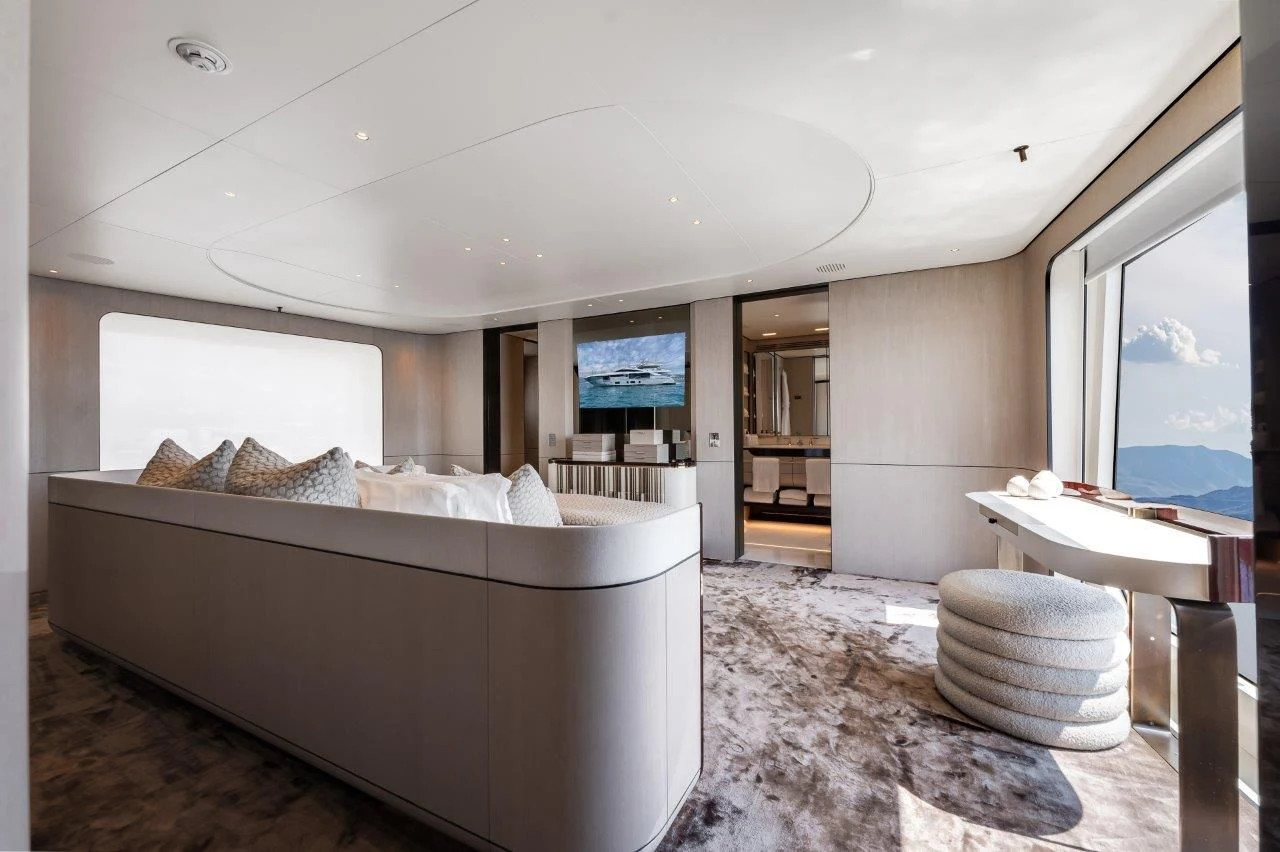 a large bedroom with a large bed aboard ECLIPSE Yacht for Sale