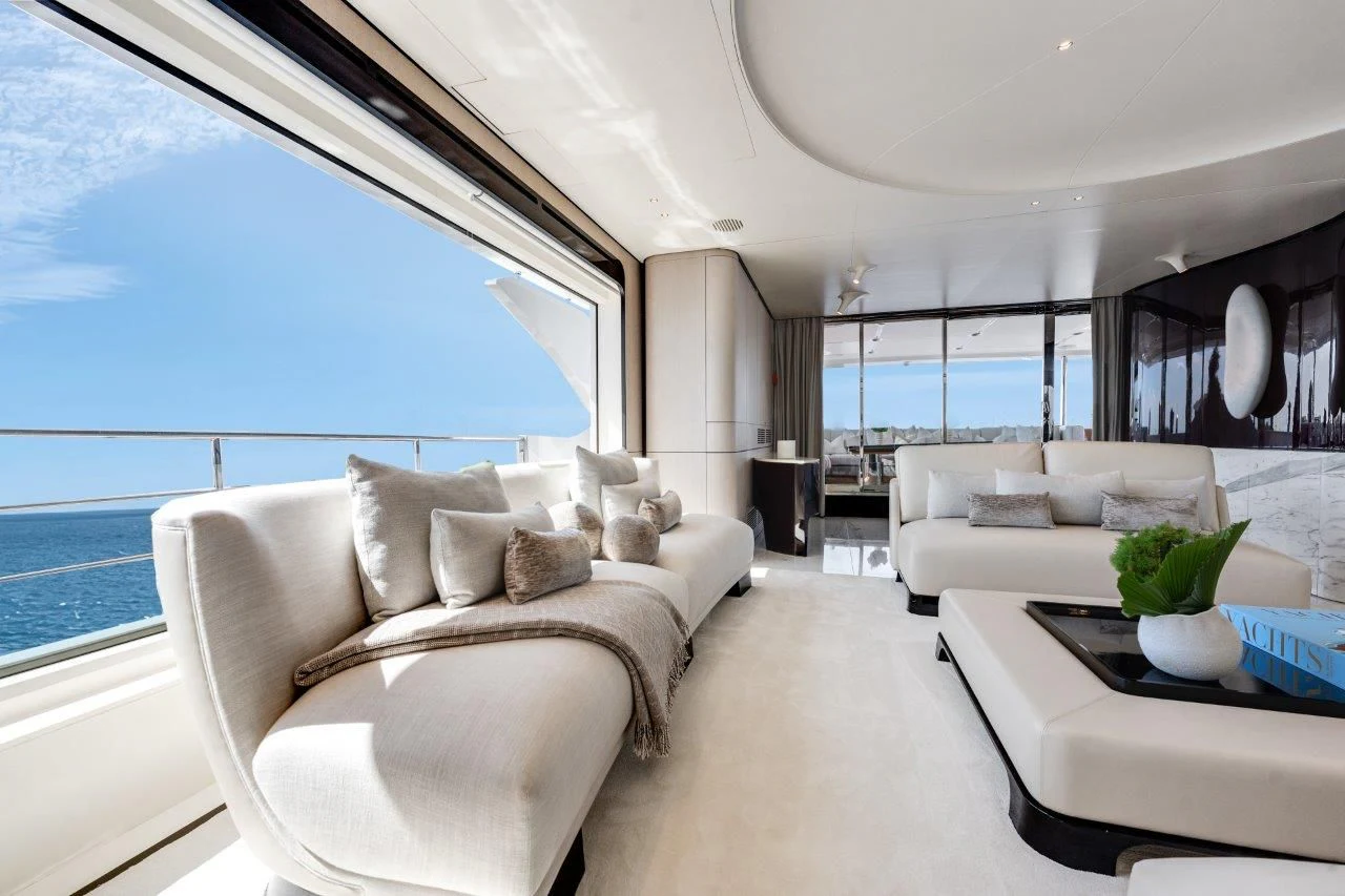 a living room with a large window aboard ECLIPSE Yacht for Sale