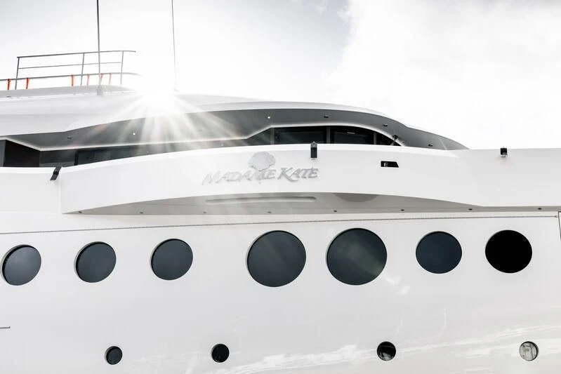 the front of a white yacht aboard MADAME KATE Yacht for Sale