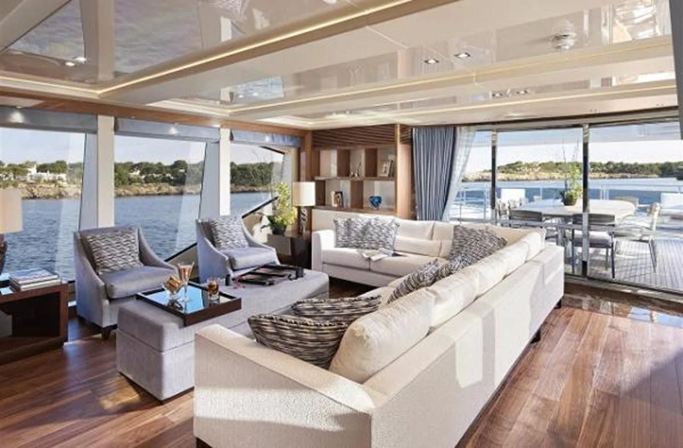 a living room with a large window aboard ZOZO Yacht for Sale