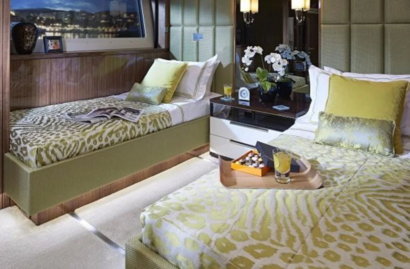 a couple of beds in a hotel room aboard ZOZO Yacht for Sale