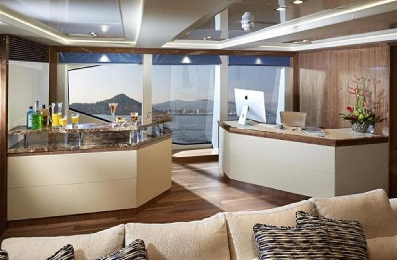 a modern kitchen with a large window aboard ZOZO Yacht for Sale