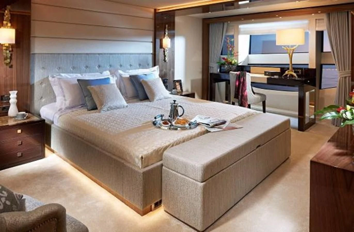 a large bed in a hotel room aboard ZOZO Yacht for Sale