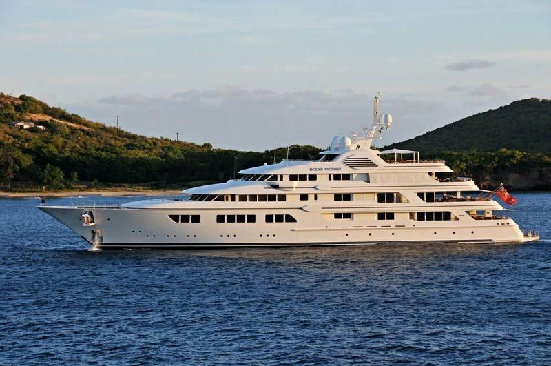 a large white yacht in the water aboard EBONY SHINE Yacht for Sale