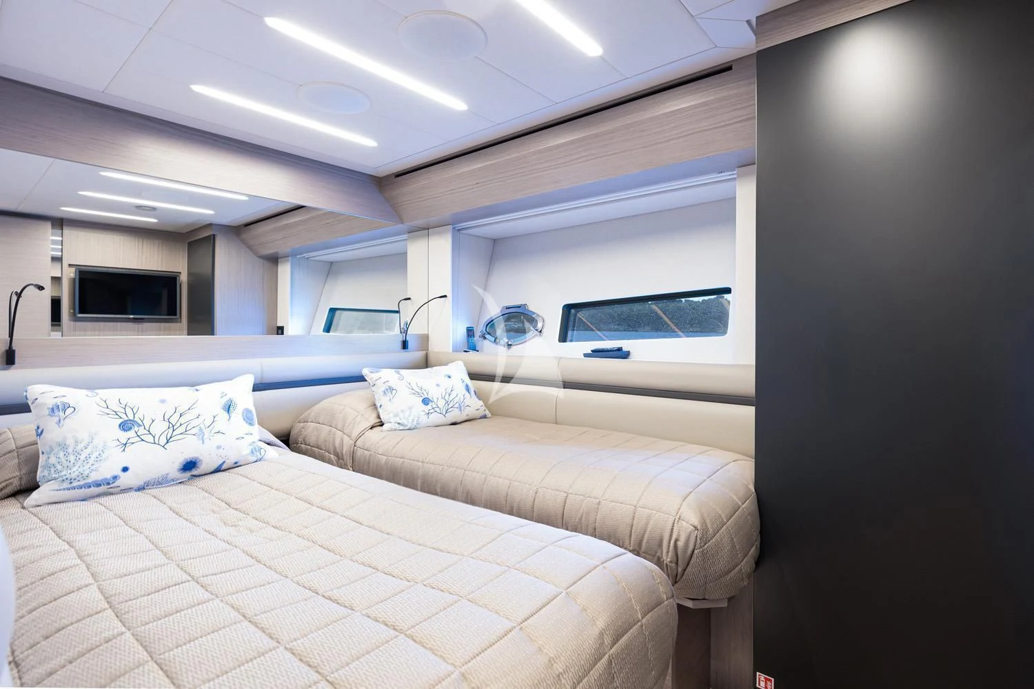 a bed in a room aboard SURVIVOR OF LONDON Yacht for Sale