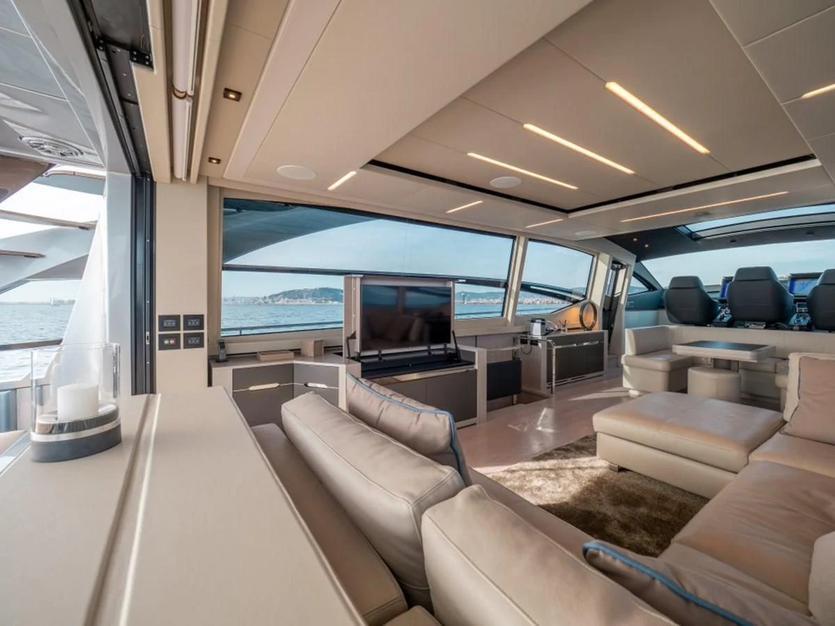 inside of a vehicle with a large window and a view of the water aboard SURVIVOR OF LONDON Yacht for Sale