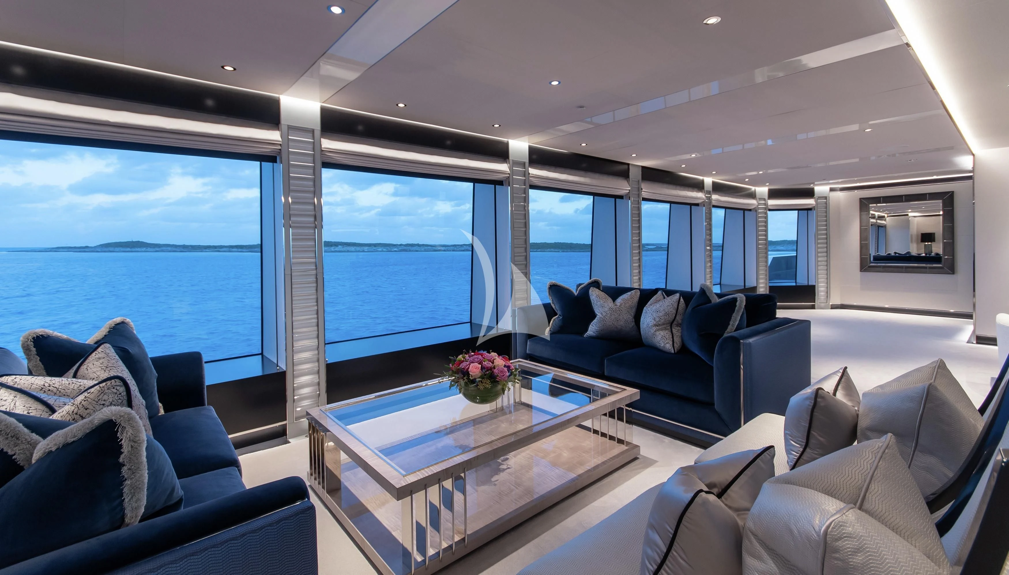 a living room with a large window aboard NORTH STAR Yacht for Sale