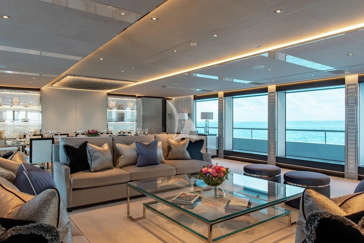 a living room with a large window aboard NORTH STAR Yacht for Sale
