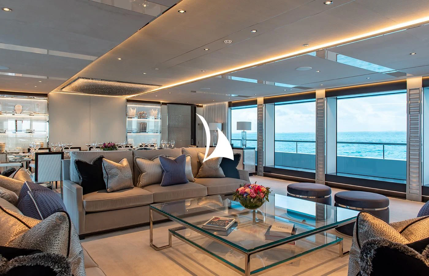 a living room with a large window aboard NORTH STAR Yacht for Sale