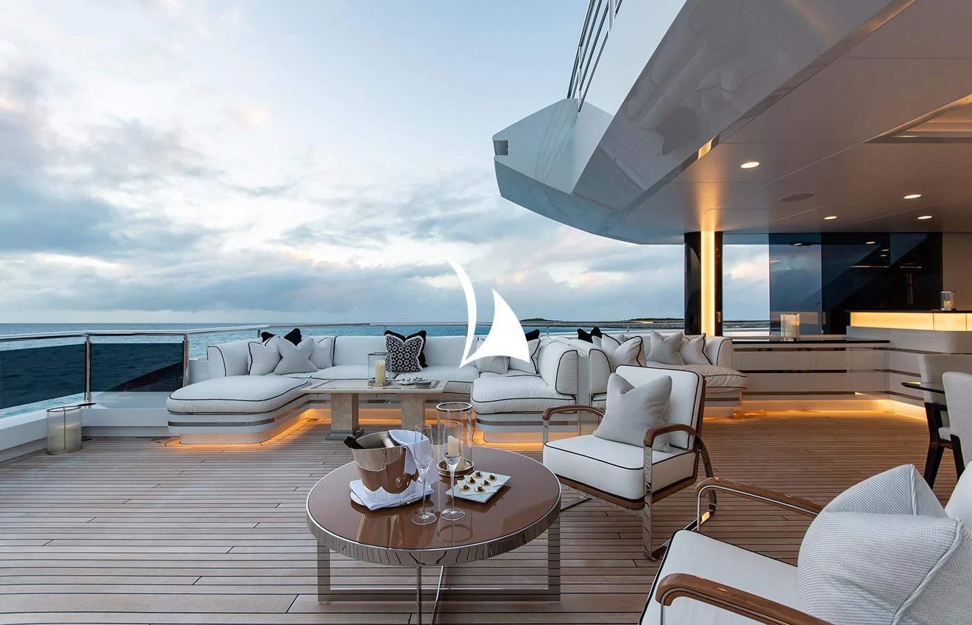 a room with a table chairs and a large window aboard NORTH STAR Yacht for Sale