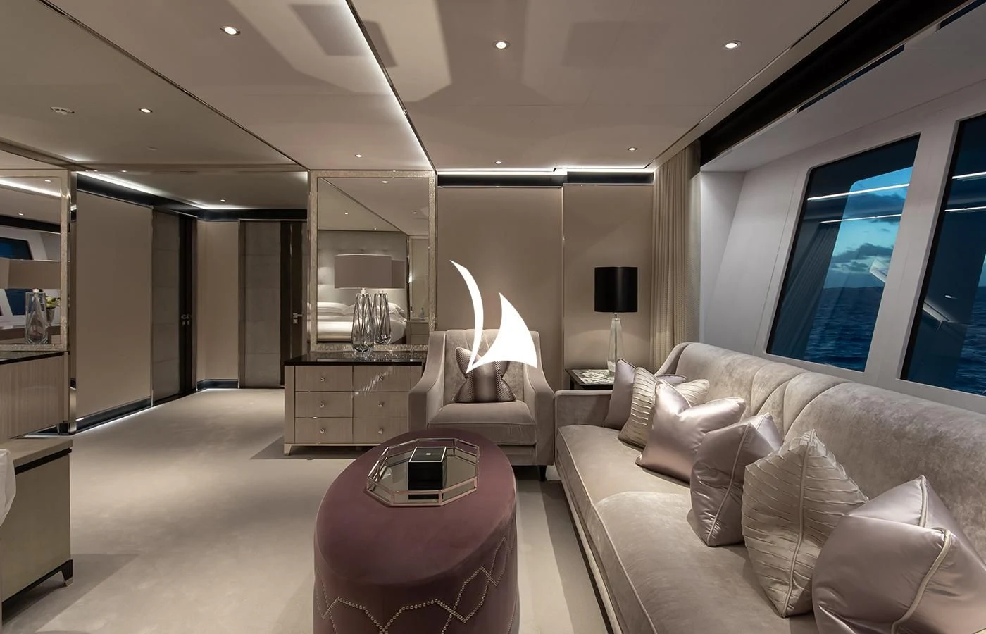 a living room with a large window aboard NORTH STAR Yacht for Sale