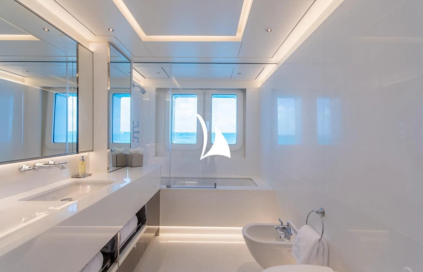 a bathroom with sinks and a bathtub aboard NORTH STAR Yacht for Sale