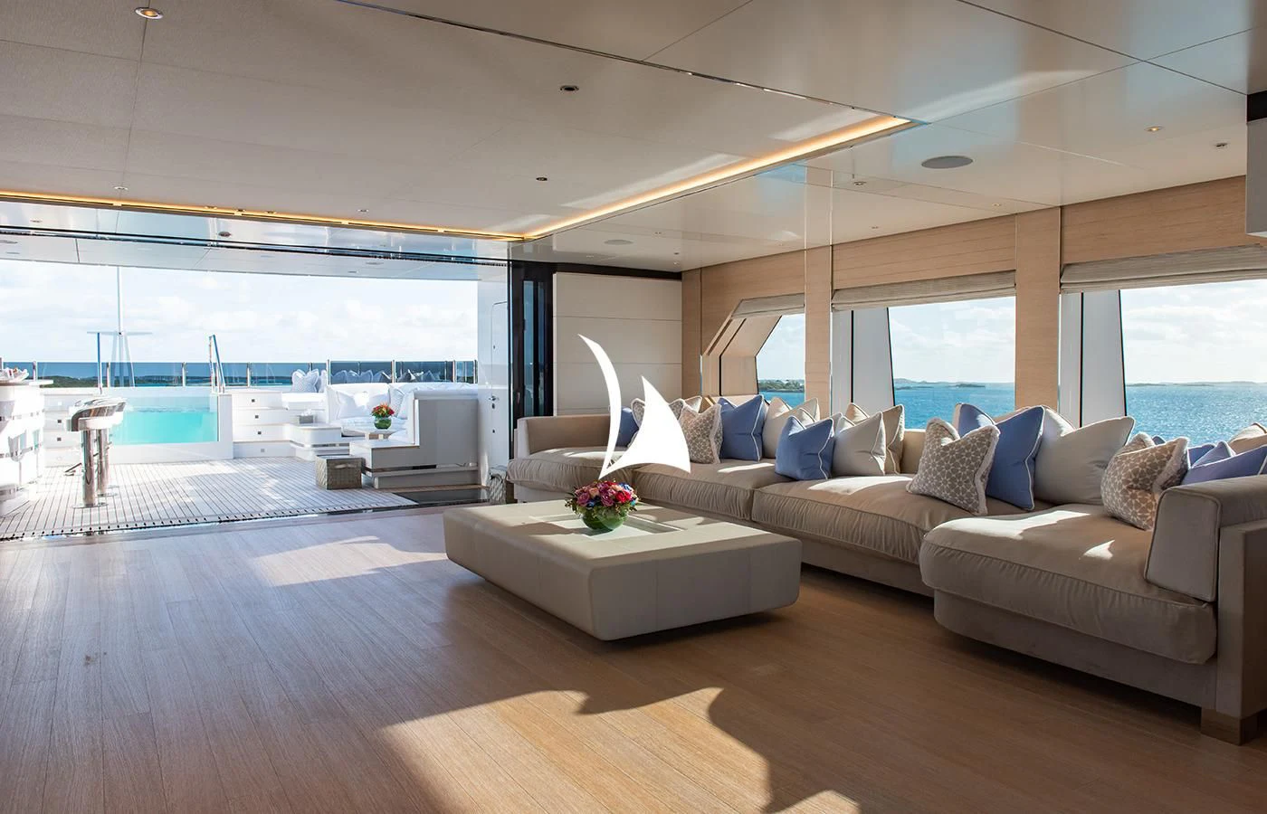 a living room with a large window aboard NORTH STAR Yacht for Sale