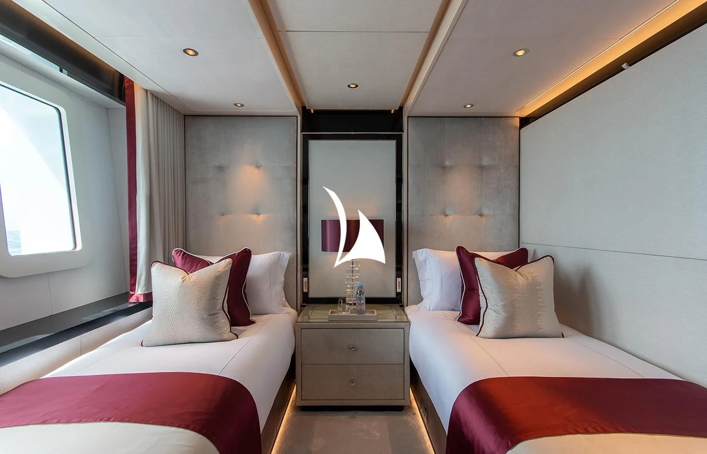 a room with two beds aboard NORTH STAR Yacht for Sale