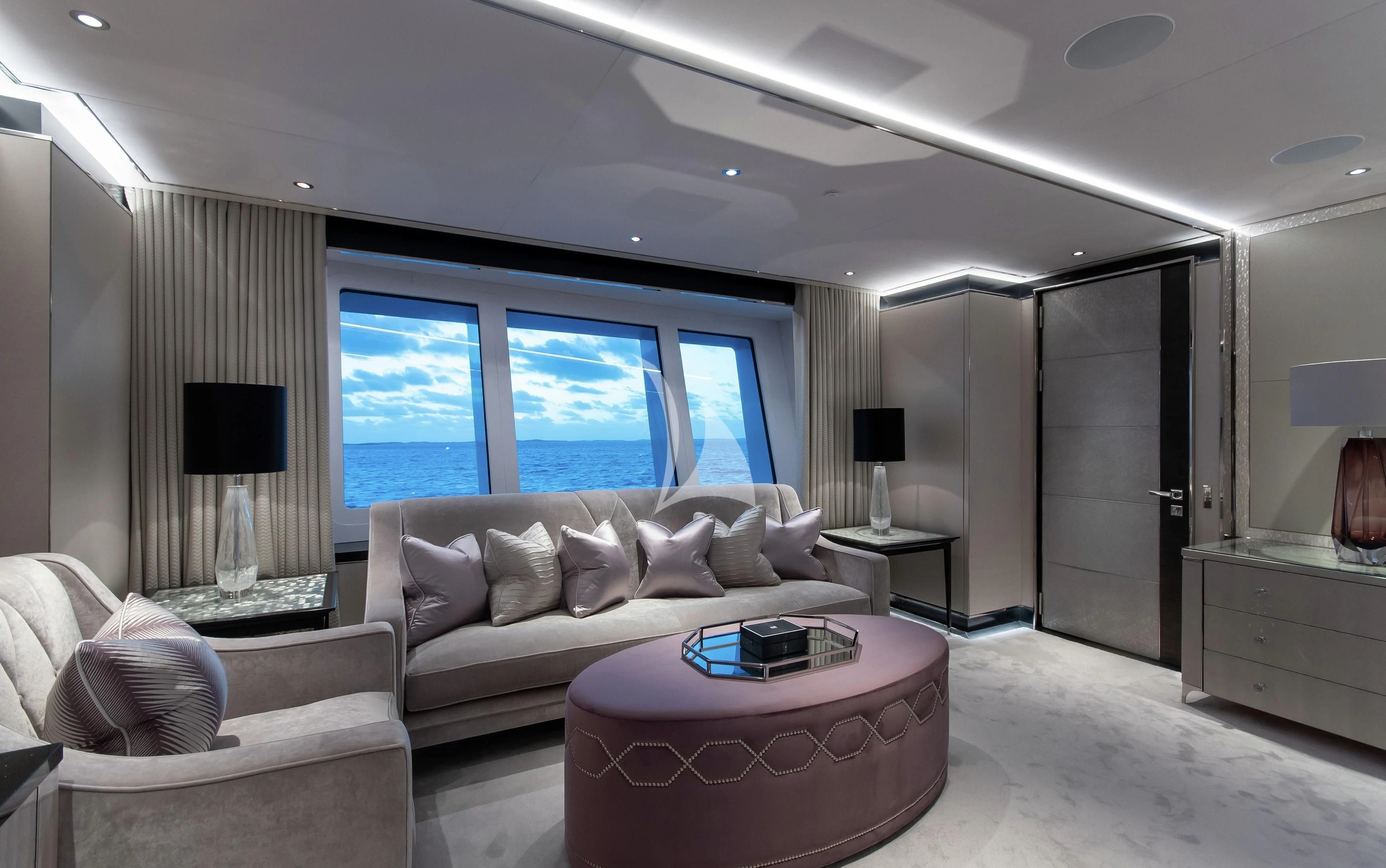 a living room with a large window aboard NORTH STAR Yacht for Sale