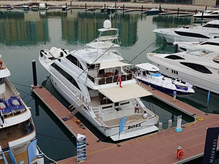 a group of boats are parked in a harbor aboard BOSS Yacht for Sale