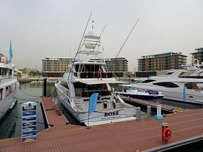 a boat docked at a pier aboard BOSS Yacht for Sale