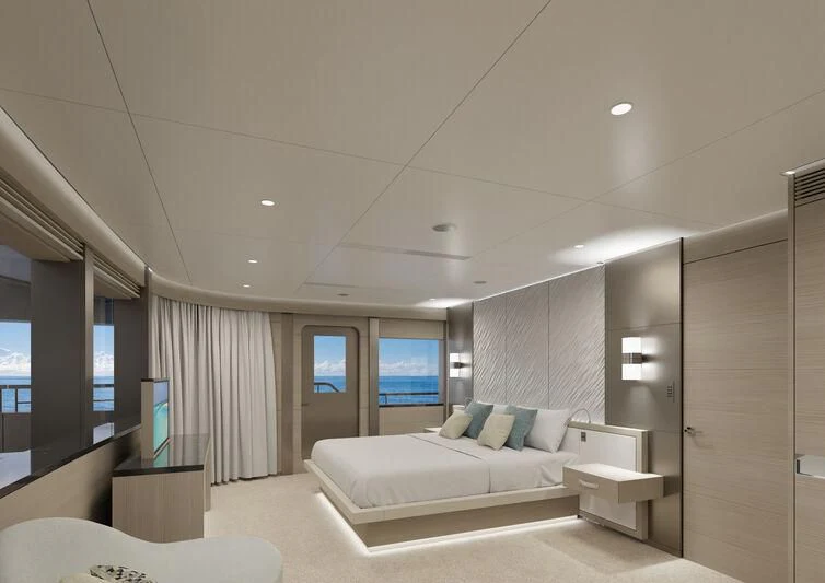 a room with a bed and a large mirror aboard SILVERCAT Yacht for Sale