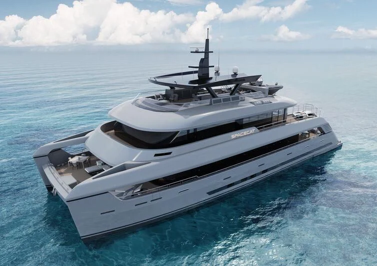 a white yacht in the water aboard SILVERCAT Yacht for Sale