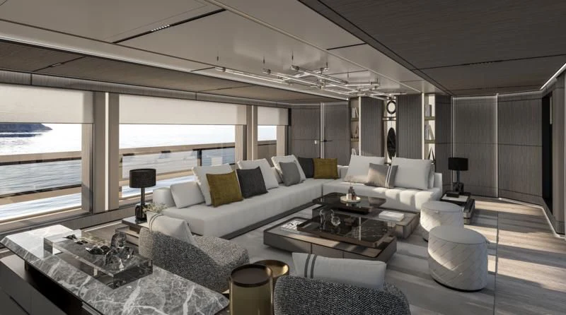 a living room with a large window aboard SILVERCAT Yacht for Sale