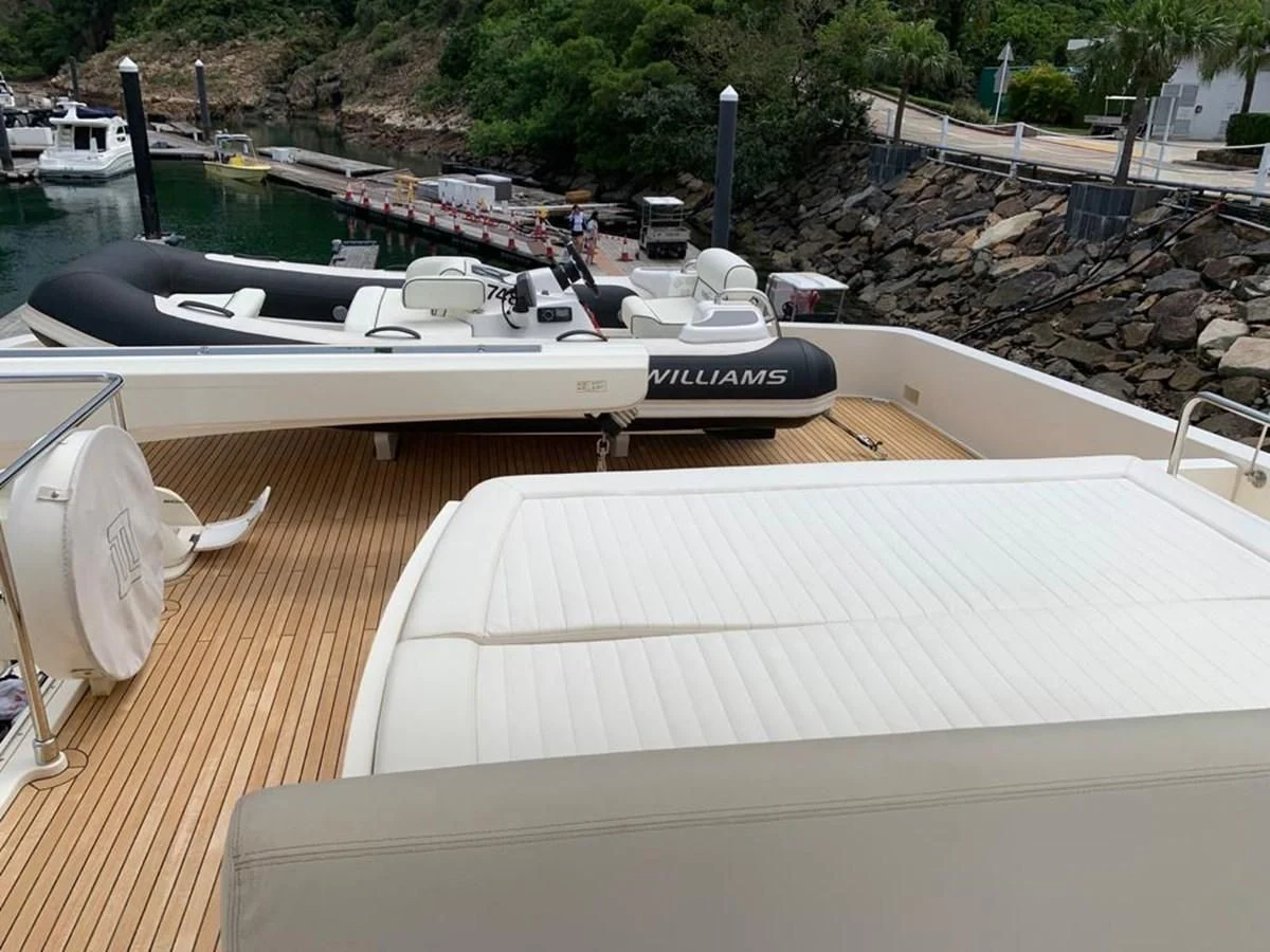 a boat on a deck aboard FERRETTI F800/27 Yacht for Sale